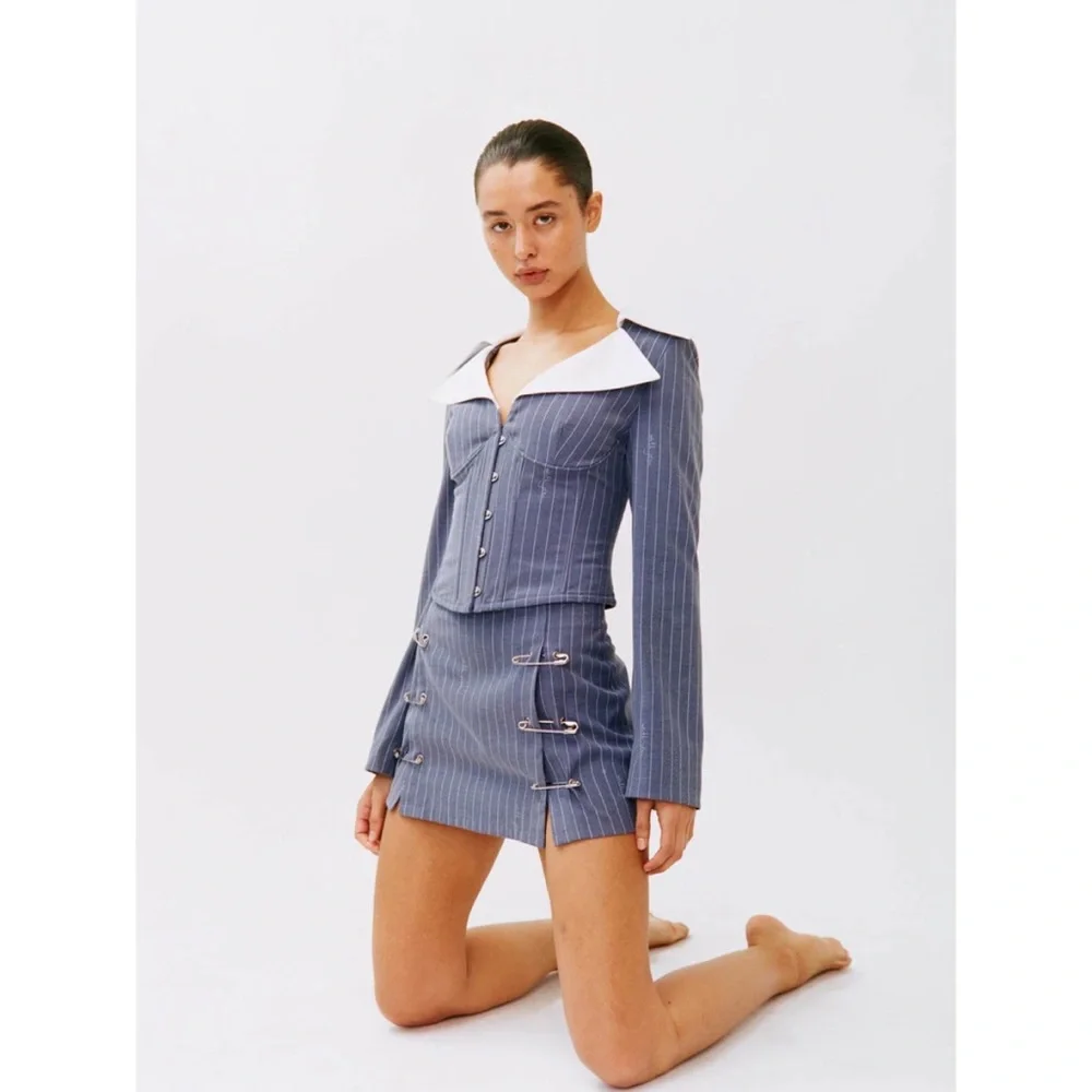 ✨Sold✨With Jean Safety Mini Skirt Pin Me Blue Pinstripe Print S - Picture 3 of 5